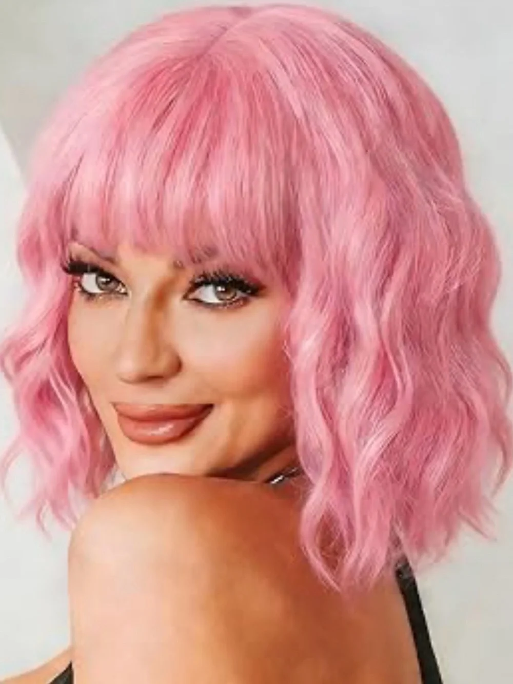 Pink Short Wavy Wig with Bangs - Women Hair